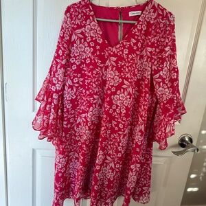 Calvin Klein Women’s Floral Dress Pink White Ruffle Sleeve Dress